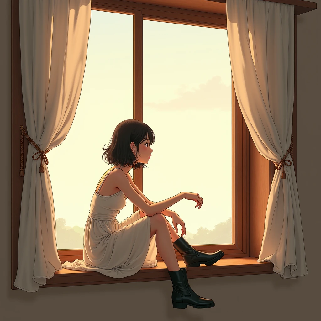 There is a japanese woman sitting on a window sill in a dress - SeaArt AI