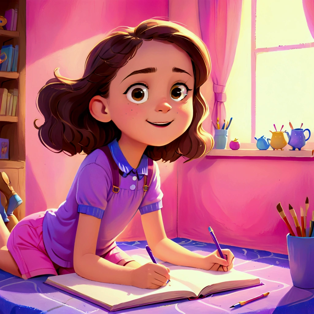 Clara, a  girl with brown wavy hair, she is drawing, happy expression, wearing blue boots,  pink shorts and a purple shirt. Detailed face, intricate details, colorful, cozy indoor setting, beautiful lighting, soft pastel colors, warm tones, cinematic composition, award winning illustration, highly detailed, photorealistic, 8k, masterpiece, professional, award winning, cinematic lighting, soft focus, beautiful composition, consistent character. The illustration should be simple and clean. The style of the illustration resembles a classic children's book, combining a cartoon with a watercolor illustration with thick lines outlining the image.