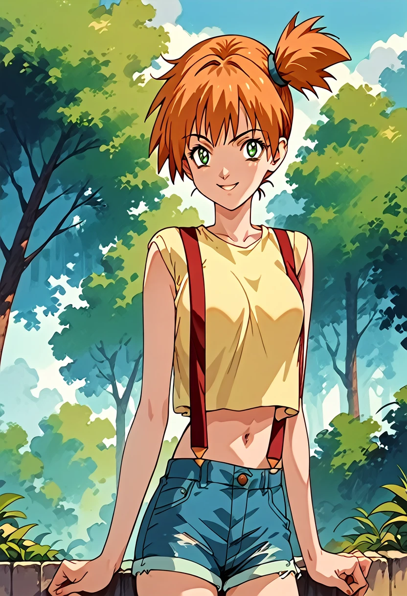 masterpiece,High resolution,Highest quality,8k
(Misty_Pokemon)
(Age 18,Skinny,Small breasts)
(short hair,Orange Hair,one side up hair,Big green eyes)
(Yellow sleeveless T-shirt,Belly button exposed,Denim hot pants,Red suspenders)smile