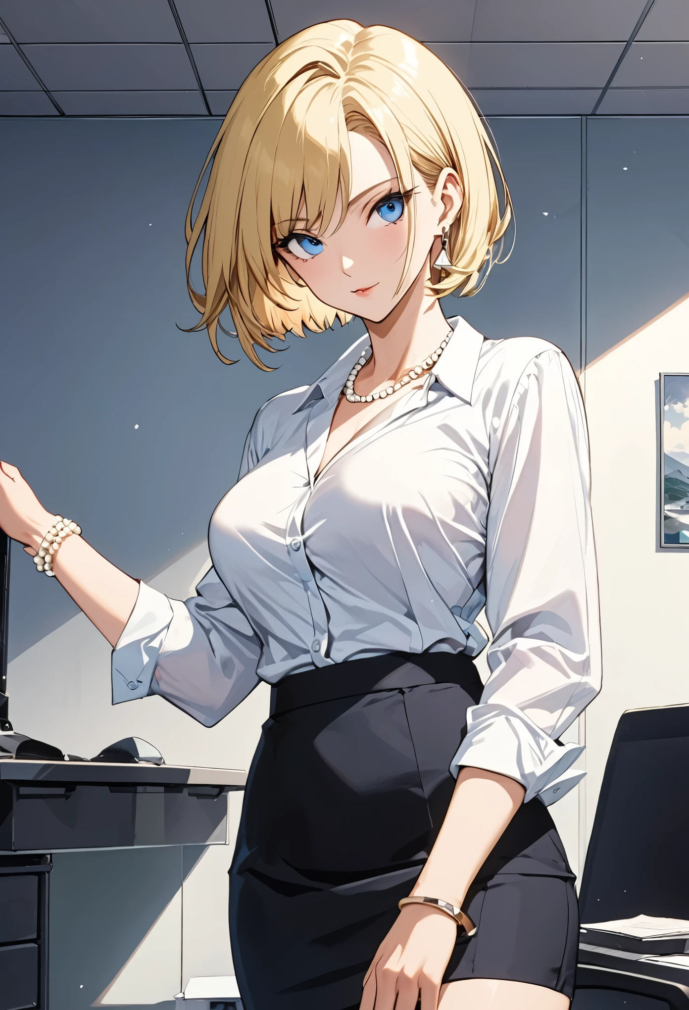 masterpiece, Highest quality, High resolution,16K, beautiful detailed, (Artificial Human Room No. 18), 1990s \(style\),(E-cup beautiful breasts), solo, Anime-style painting style, blonde, Blue eyes, Office Lady, White shirt, Black Bra, Black tight skirt, Pearl_necklace, bracelet, short hair, Earrings, A composition that focuses on the whole body, Cool face, Pointed Eyes.