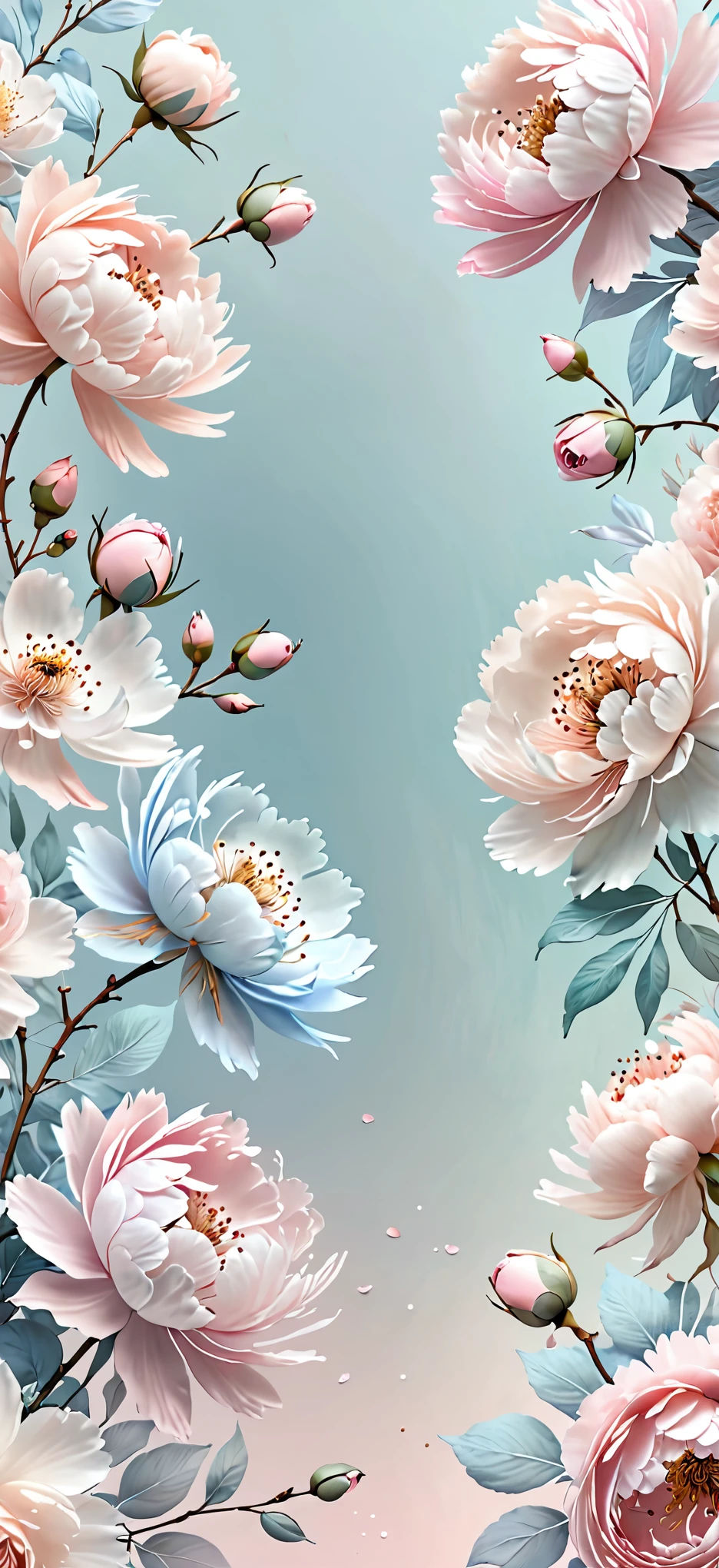 "A stunning iPhone 16 wallpaper with a delicate and ethereal floral pattern. The design features a variety of soft, pastel-colored flowers, such as cherry blossoms, roses, and peonies, arranged in a graceful, flowing composition. The petals are finely detailed, with some appearing to gently fade or float away, giving a sense of fragility and transience. The background is a soft gradient, transitioning from light pink to pale blue, enhancing the dreamy and serene atmosphere. The overall design is elegant, with a subtle sense of beauty and impermanence, perfect for a modern, sophisticated aesthetic."