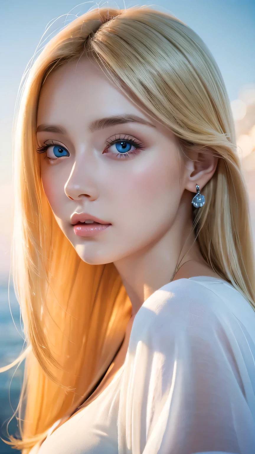 1 beautiful beautiful woman - Scandinavian European appearance (looks like the most beautiful Swedish girl), ((top quality, 8K, Masterpiece:1.retty woman, 1 woman, average breasts:1.3, a slim body:1.1, lush WHITE NIVEOUS long hair, (shower, wet body, wet clothes:1.1), very detailed face, detailed lips, detailed eyes, double eyelids, Detailed blue eyes, Detailed Outstanding Blue Eyes, WHITE NIVEOUS, huge fantastically looking drop earrings