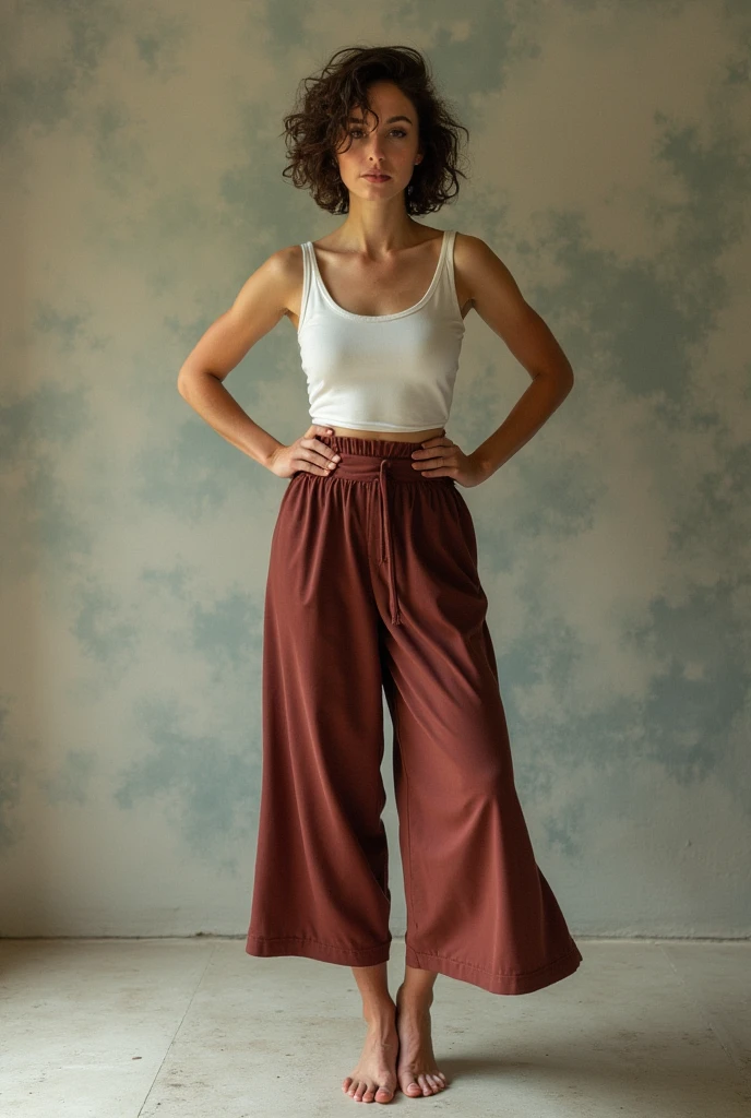 contemporary dance dancer, ballet and jazz, with PNG background, The woman has a light brown complexion, stomach 1.72, long limbs, big nose, medium lips, almond-shaped brown eyes, short hair at shoulder length and wavy, with contemporary clothing, loose wine-colored dance pants and a beige loose T-shirt, She looks very comfortable and free and she is not animated, she is real., Mexican features with a dancer&#39;s pose