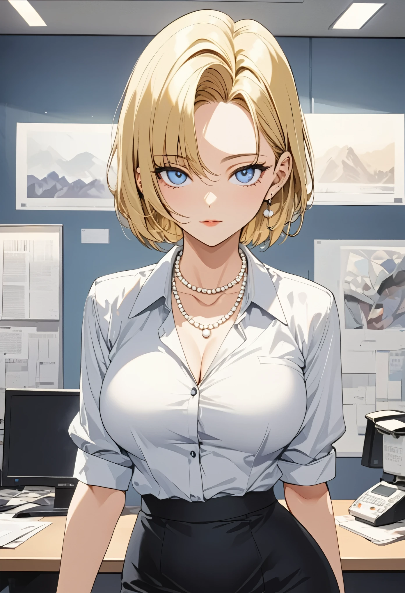 masterpiece, Highest quality, High resolution,16K, beautiful detailed, (Artificial Human Room No. 18), 1990s \(style\),(E-cup beautiful breasts), solo, Anime-style painting style, blonde, Blue eyes, Office Lady, White shirt, Black Bra, Black tight skirt, Pearl_necklace, bracelet, short hair, Earrings, A composition that focuses on the whole body, Cool face, Pointed Eyes.