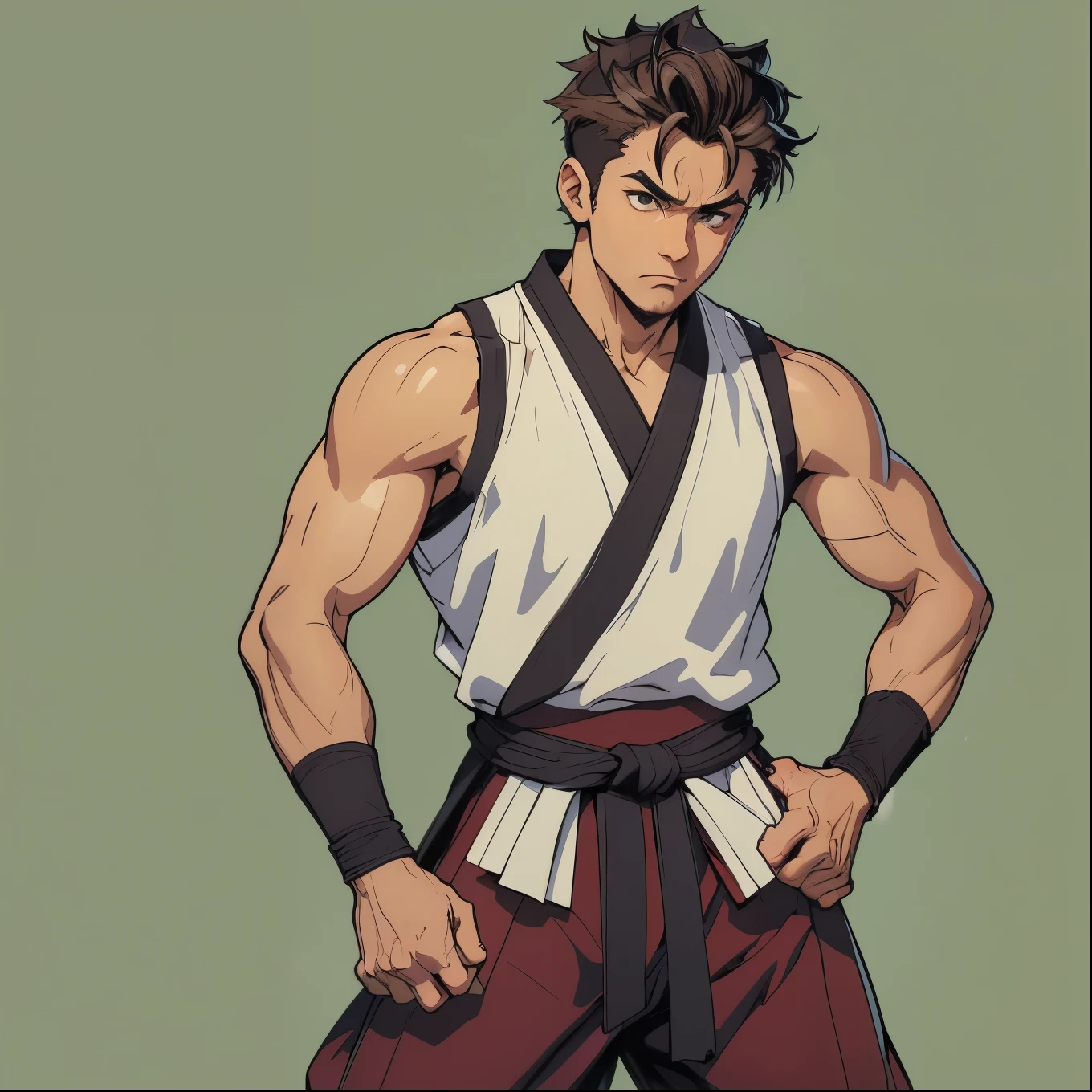 ((detailed)), ((solo male)), 20 years old, ((messy short brown hair)), ((((black highlights in hair)))), ((serious expression)), light green eyes, standing, ((wearing red and white sleeveless gi)) ((gi pants)), ((white wristbands)), ((dojo background)), thin, ((black undershirt)), martial arts pose, black pants