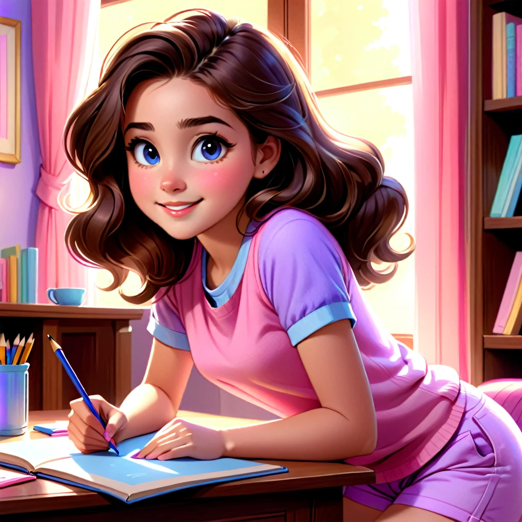 Clara, a  girl with brown wavy hair, she is drawing, happy expression, wearing blue boots,  pink shorts and a purple shirt. Detailed face, intricate details, colorful, cozy indoor setting, beautiful lighting, soft pastel colors, warm tones, cinematic composition, award winning illustration, highly detailed, photorealistic, 8k, masterpiece, professional, award winning, cinematic lighting, soft focus, beautiful composition, consistent character. The illustration should be simple and clean. The style of the illustration resembles a classic children's book, combining a cartoon with a watercolor illustration with thick lines outlining the image.