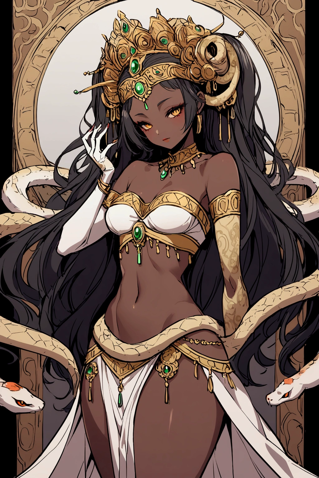 a female character is in black and gold dress holding onto lotus flower, 1girl, dress, dark skin, yellow eyes, solo, black dress, breasts, dark-skinned female, black hair, looking at viewer, ass, detached sleeves, gold, blonde hair, multicolored hair, looking back, jewelry, bare shoulders