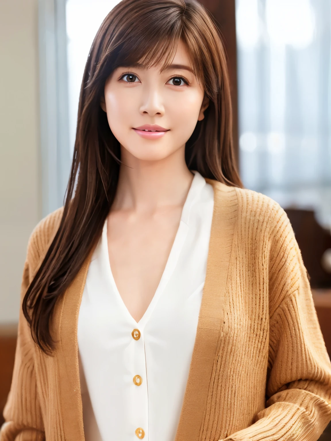 8K, top-quality, masterpiece, realisitic, Photorealsitic, ultra-detailliert, Natural sunlight, extremely detailed face and skin, A detailed eye, Highly detailed face-to-skin intermediate shots, Beautiful woman looking at camera, sexy pose, Beautiful face, Realistic face, Detailed face, Beautiful hairstyle, Realistic eyes, Detailed eyes, Realistic skin, Detailed skin, Beautiful skin, Attractive, A hyper-realistic, Sexy cardigan, Gentle, Brown hair, cute Japanese girls, Full body