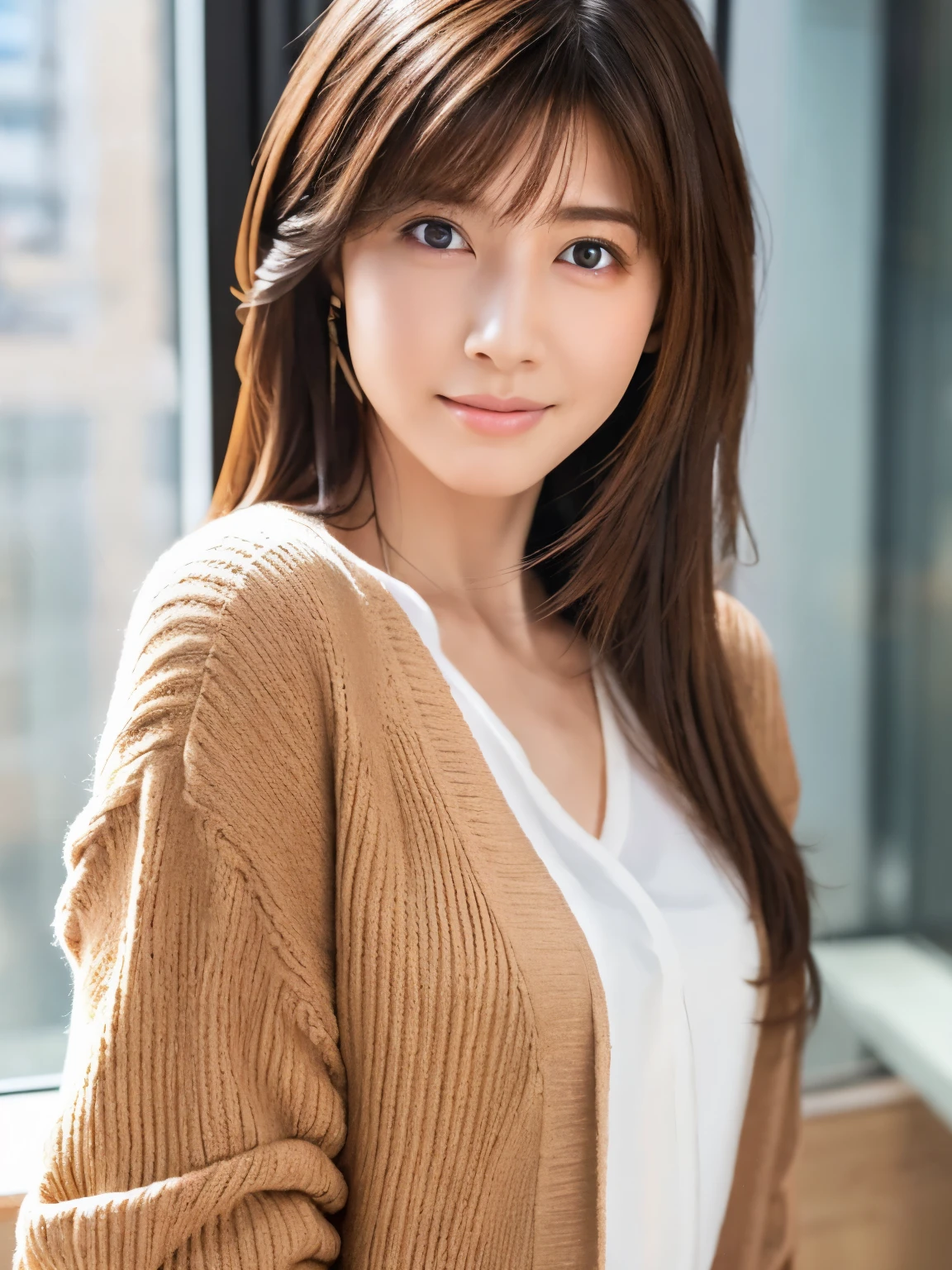 8K, top-quality, ​masterpiece, realisitic, Photorealsitic, ultra-detailliert, Natural sunlight, extremely detailed face and skin, A detailed eye, Highly detailed face-to-skin intermediate shots, Beautiful woman looking at camera, sexy pose, Beautiful face, Realistic face, Detailed face, Beautiful hairstyle, Realistic eyes, Detailed eyes, Realistic skin, Detailed skin, Beautiful skin, Attractive, A hyper-realistic, Sexy cardigan, Gentle, Brown hair, cute Japanese girls, Full body