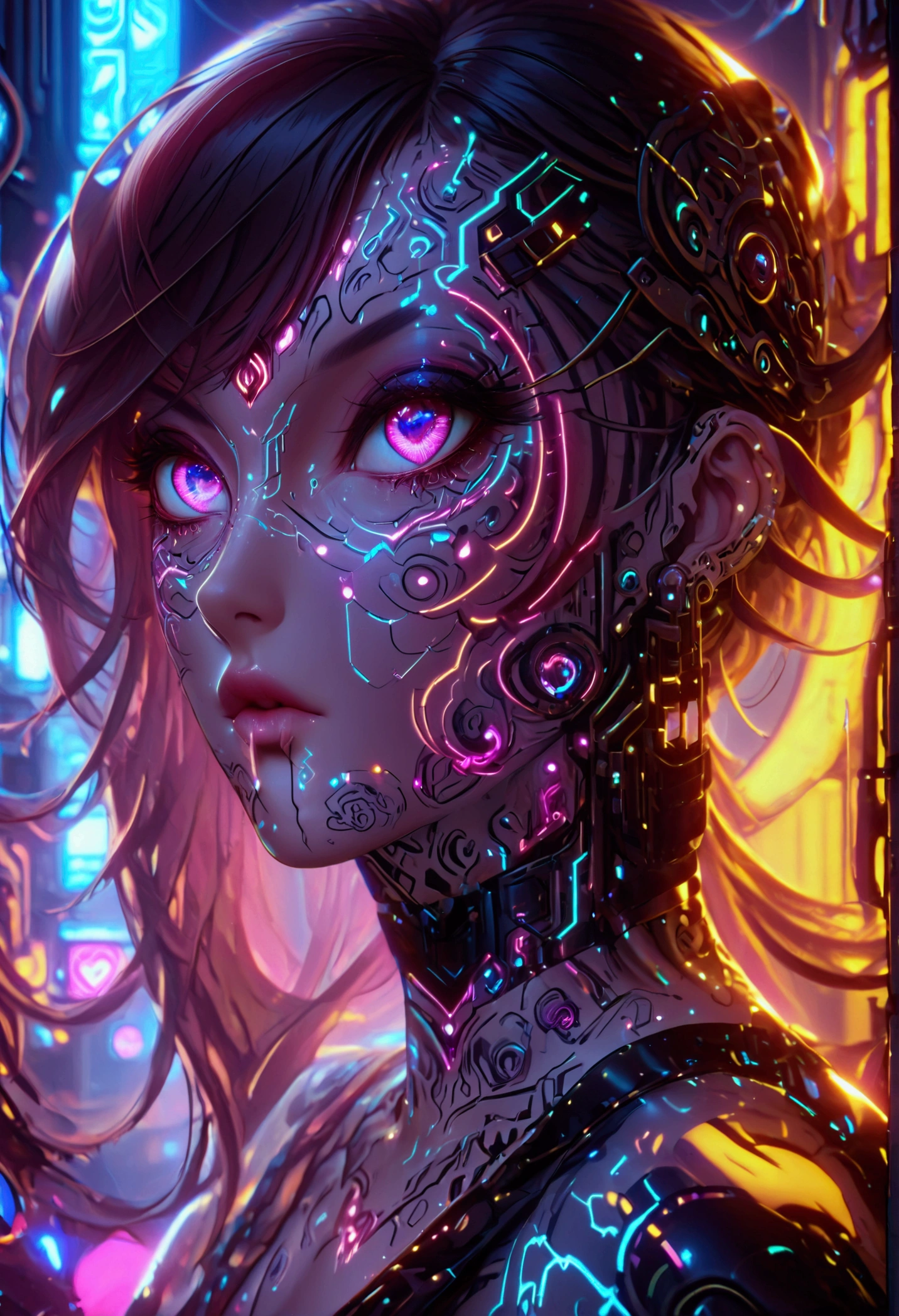 beautiful digital artwork, beautiful digital art, detailed beautiful face, 8k high quality oled detailed art, very beautiful digital art, digital art. highly detailed, beautiful detailed body, Create a hyper detailed photograph of a perfectly simetrical tattooed curved drop dead gorgeous cyberpunk 2077, Stunningly perfect gorgeous feminine face, bold, dramatic eyes, bold Eye Makeup, dramatic eyes, smudging layering and blending to dramatic, detailed vibrant neon glowing eyes, long hair, Focus on Skin A smooth even base is essential Makeup primers foundations and concealers Highlighting and Contouring to achieve a flawless canvas natural-looking, radiant glow, Gentle facial curves, Fuller cheek bones, Smaller and wider-set eyes, Less pronounced jawline, Symmetry perfection Proportion facial features, sexual curved heart shaped mouth, long beautiful tattooed legs, beautiful tattooed arms, perfect feminine curved body figure, detailed silky smooth skin, gigantic huge breasts, perfect heart shaped ass, beautiful long tattooed legs, Wearing cybernetics cyberpunk 2077 lingerie Jewels, fullbody view, showing complete body,