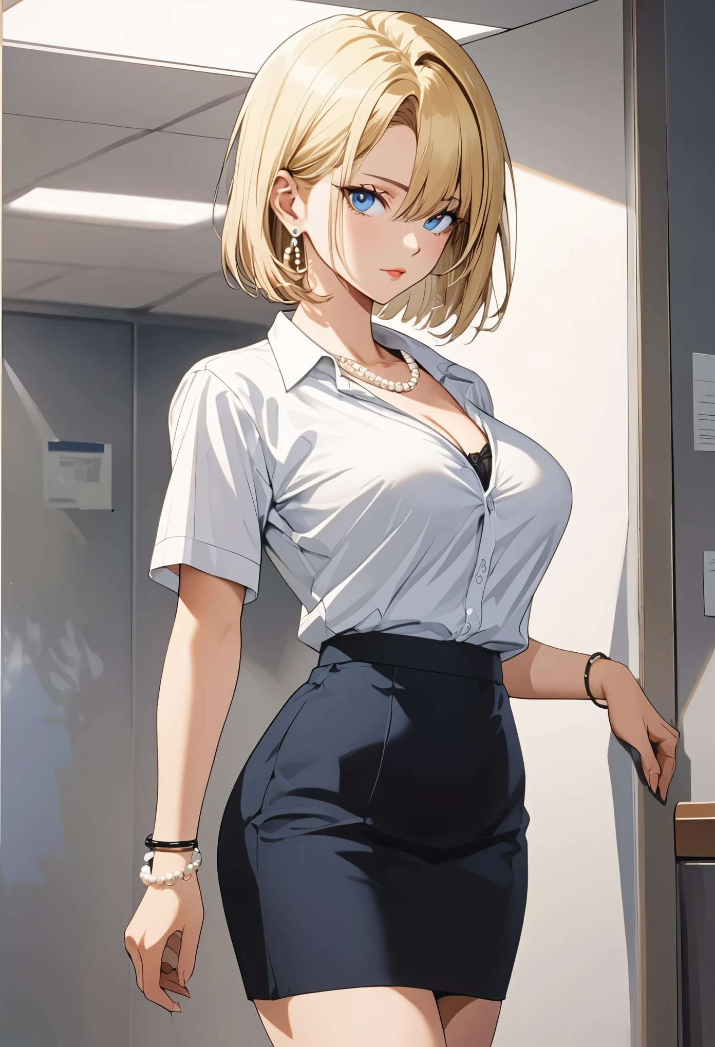 masterpiece, Highest quality, High resolution,16K, beautiful detailed, (Artificial Human Room No. 18), 1990s \(style\),(E-cup beautiful breasts), solo, Anime-style painting style, blonde, Blue eyes, Office Lady, White shirt, Black Bra, Black tight skirt, Pearl_necklace, bracelet, short hair, Earrings, A composition that focuses on the whole body, Cool face, Pointed Eyes.