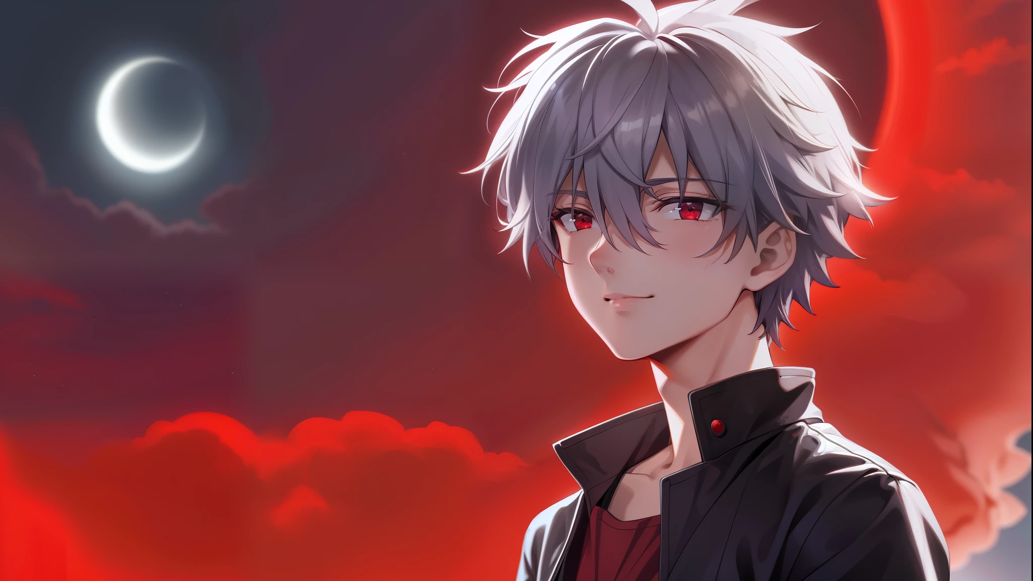 masterpiece,highres,highly detailed,male focus,1boy,独奏,kaworu nagisa, red eyes,grey hair,light smile,,Crimson Moon, Night Sky, dusk