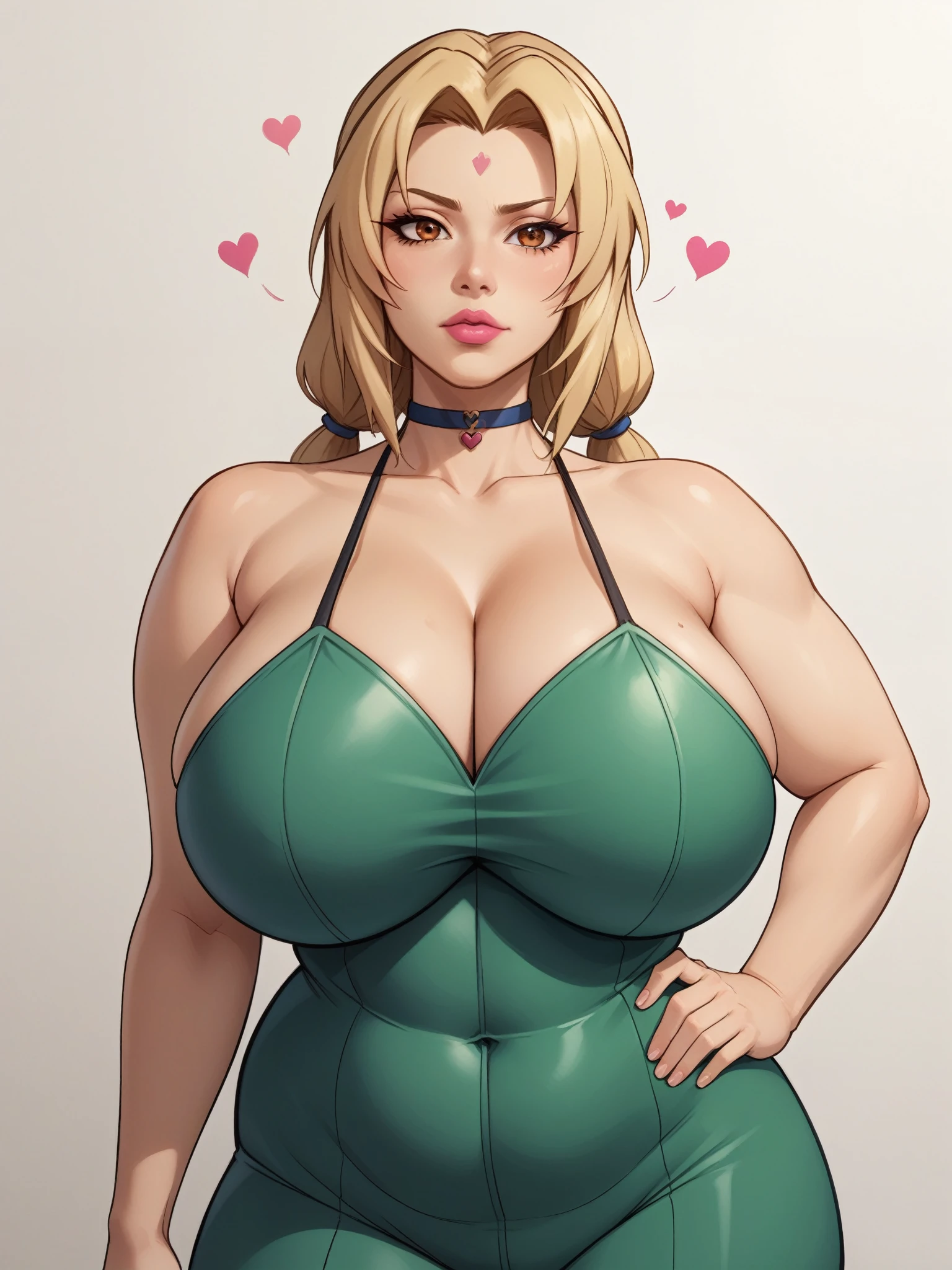 Tsunade Senju. Tsunade is already over 60 years old, but she is easily confused with a twenty-year-old girl. She has long, blonde hair tied in two ponytails. Her eyes have a pleasant coffee shade. Her lips are painted with pink lipstick. The character is short-tempered and impatient. Huge saggy breasts. bbw. evangelion suit. choker. heart
