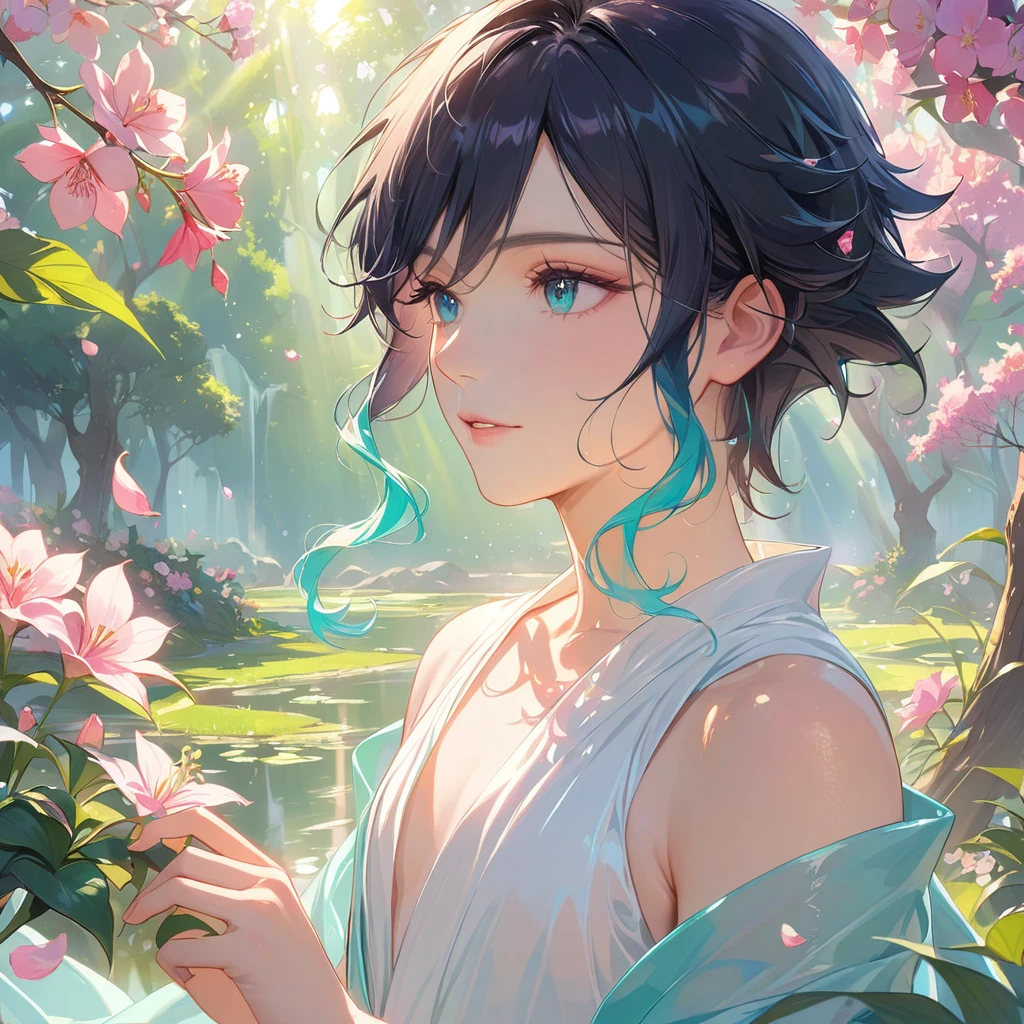 (best quality,4k,8k,highres,masterpiece:1.2),1boy,venti,genshin impact,black hair,ultra-detailed,(realistic:0.25),wearing simple white twist greek gown,morning of spring,sunlight reflection,intricate details,delicate,pastel color palette,elegant curves,effects of light and shadow,subtle reflections,face focus,sharp focus,flower petals falling,ethereal atmosphere,elysium,morning dew,soft sunlight filtering through trees,lush plant life,vividly colored blossoms,harmonious blend of nature and art,transcendent beauty,awe-inspiring artwork,flat chest,navy gradient hair