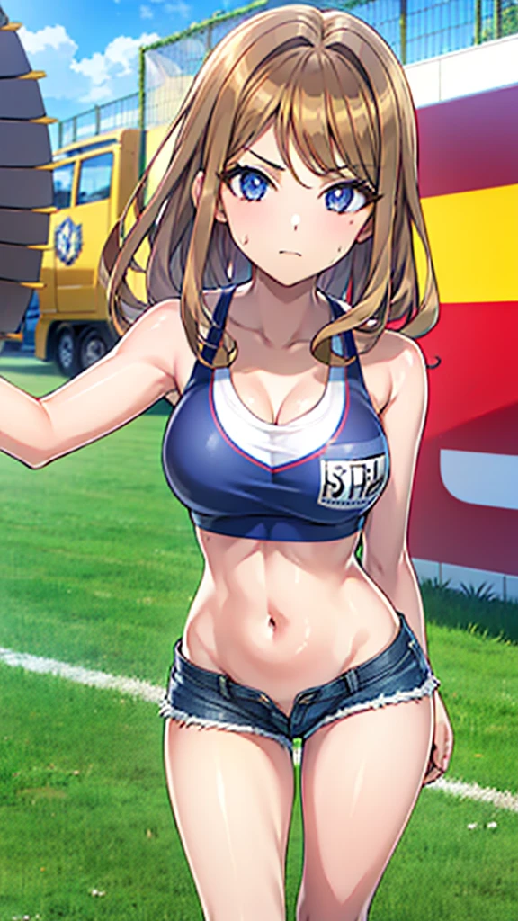 (Sports bra), (Denim shorts that dig into your skin), (Character: Walking on the grass under the blue sky),Sweating, Girl 1, (Character: Full Body), Body:/, Enhanced Body Lines, (Perfect Hands), (Perfect Anatomy), (Perfect Body Structure), (2 Arms), (2 Legs). Quality:/, character:High image quality, Masterpiece, Character:High Quality, Best Quality, Character:High Resolution, Perfect Pixels, Saturation:/, Studio Lighting, Sharp Focus, Bright Colors, Portrait, Warm Colors, Soft Lighting.