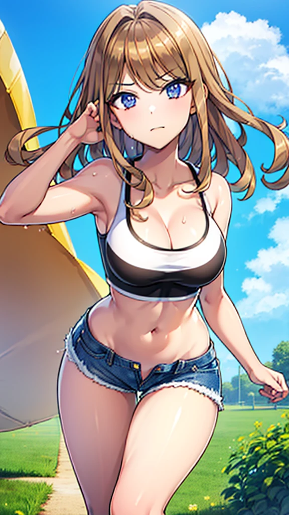 (Sports bra), (Denim shorts that dig into your skin), (Character: Walking on the grass under the blue sky),Sweating, Girl 1, (Character: Full Body), Body:/, Enhanced Body Lines, (Perfect Hands), (Perfect Anatomy), (Perfect Body Structure), (2 Arms), (2 Legs). Quality:/, character:High image quality, Masterpiece, Character:High Quality, Best Quality, Character:High Resolution, Perfect Pixels, Saturation:/, Studio Lighting, Sharp Focus, Bright Colors, Portrait, Warm Colors, Soft Lighting.