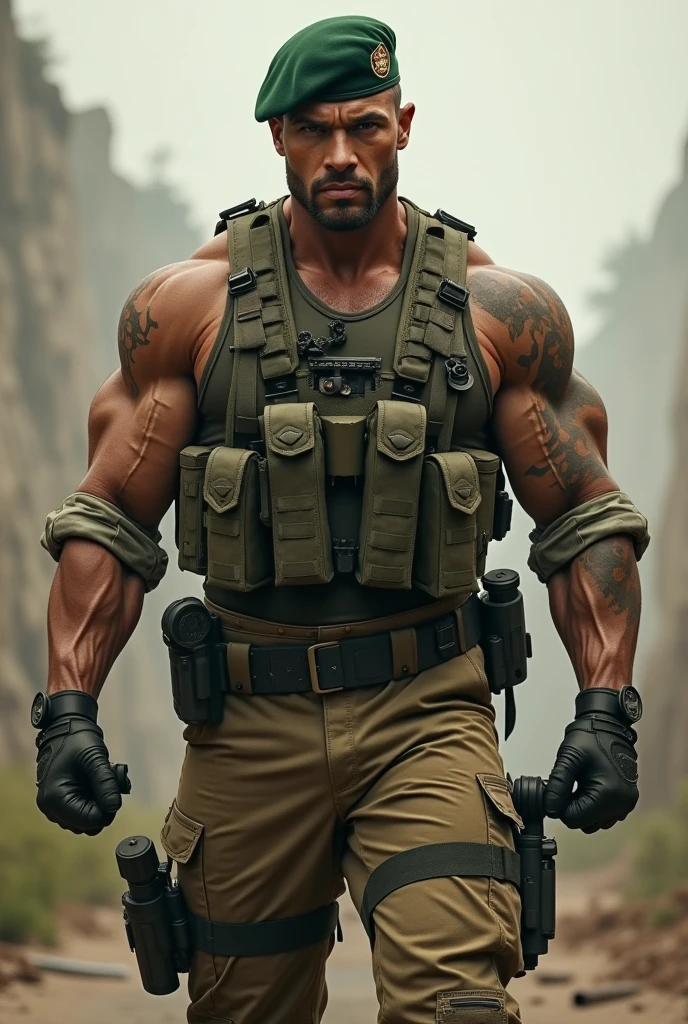 A very handsome big muscular man wearing a soldier combar uniform, with tactical gloves and spec ops green beret, rolled up sleeves, showing biceps, background a battlefield