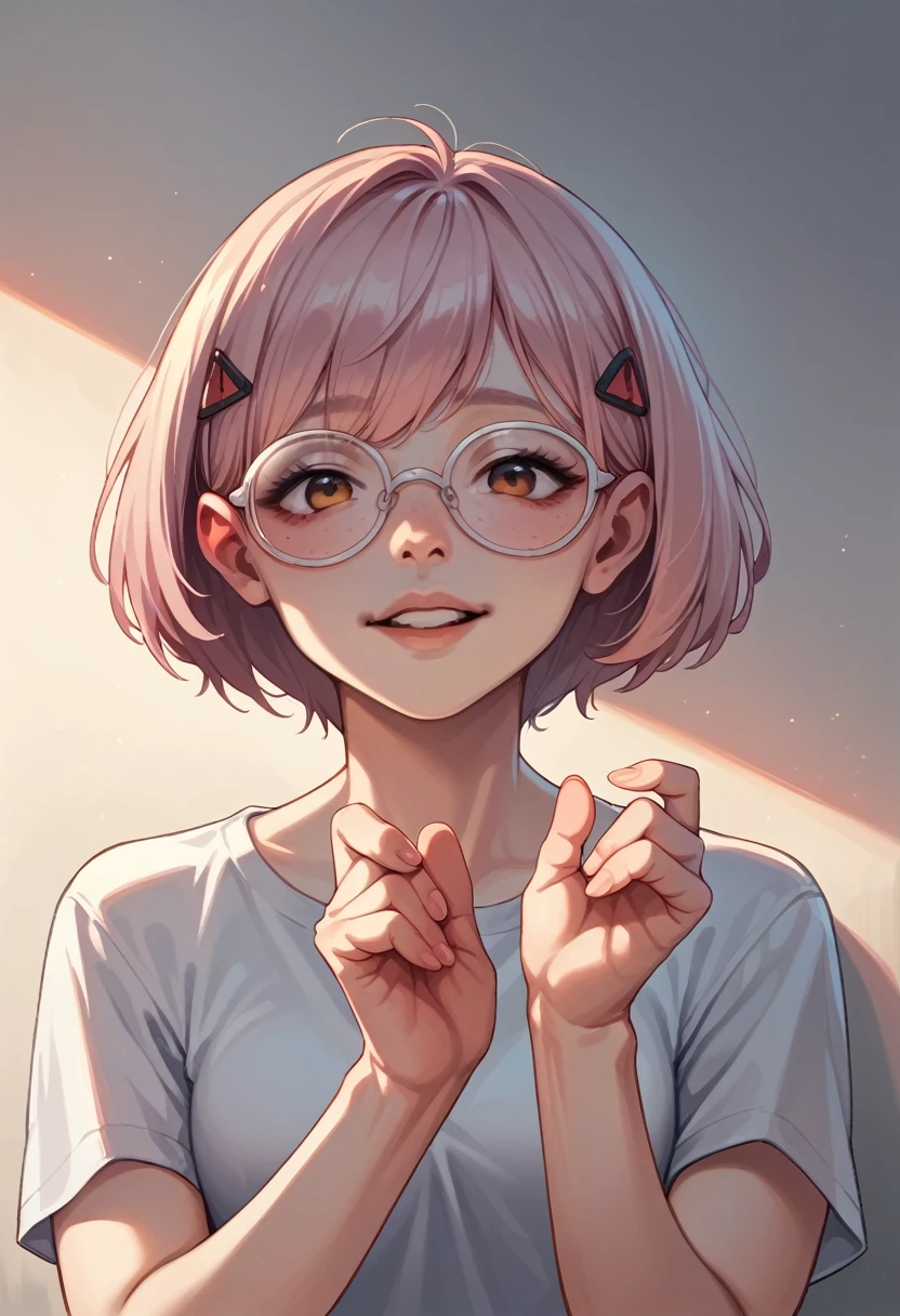 Short-haired girl with white glasses, the tip of her nose is pink and her cheeks are