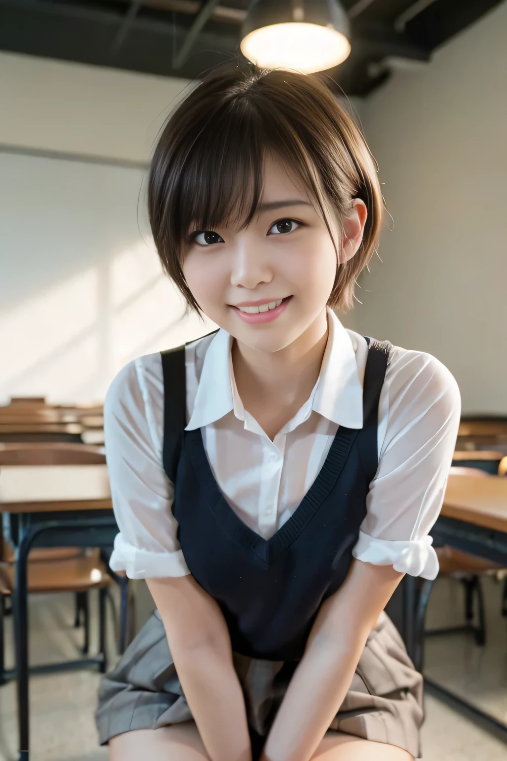 highest quality, masterpiece, Ultra-high resolution, (Reality: 1.4), Original photo, 1 woman, mature, happy smile, short hair, plump body, , Cinema Lighting, from below, high school student、 in classroom, high school uniform,  cumshot, Cum Facial、pov, cuminmouth、full of mouth cum:1.5