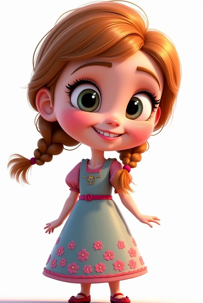 3D_Pixar_estilo little smiling girl who has a mole on her right cheek. She has her hair divided in the middle with two pink bows. She has brown skin and wears a pink dress. create pixar cartoon image