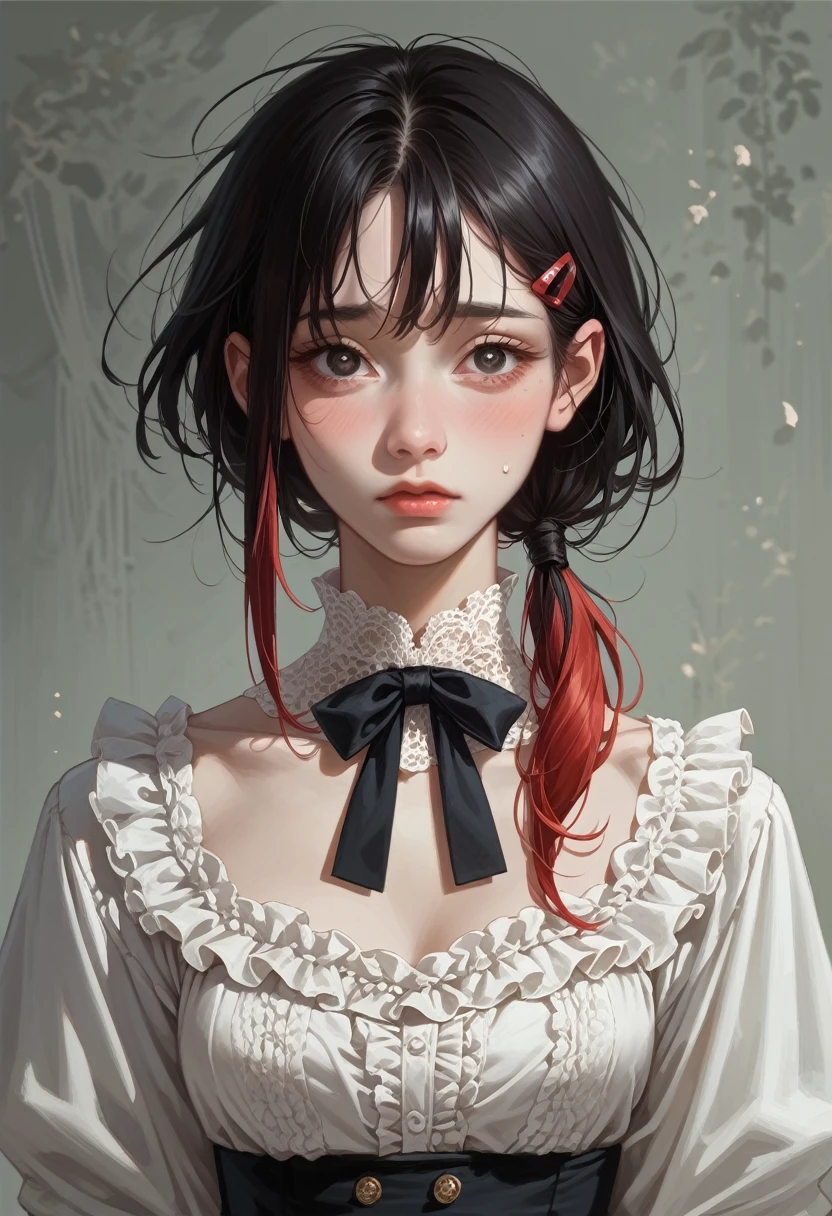 Create an image of a character with long black hair styled in a low ponytail, featuring loose strands and vibrant red hair clips for color. She has a soft, oval face with large dark eyes that convey shyness and vulnerability, complemented by clear skin with a subtle blush. Dressed in a white blouse with frills and intricate lace detailing, accented by a black bow at the neck, she wears a wide black skirt with ruffles at the hem, adorned with a white lace trim. The overall color palette includes striking whites and blacks with delicate lace accents. The background is dark, enhancing the contrast to focus on her elegant and detailed attire, creating a dynamic and visually engaging atmosphere.