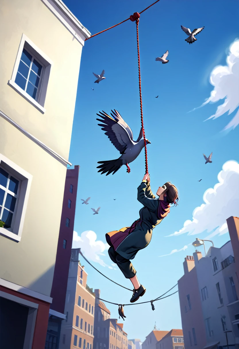 a hyperrealistic photo of a person tied to rope hanging straight down from a flying pigeon, a person hanging off that rope, also straight down