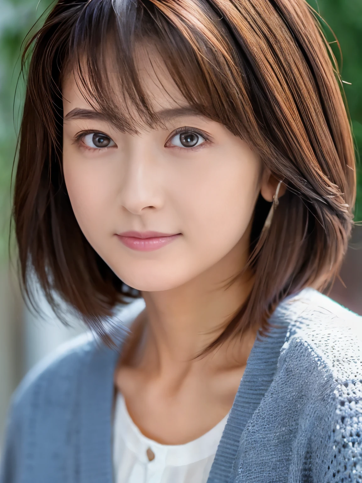 8K, top-quality, ​masterpiece, realisitic, Photorealsitic, ultra-detailliert, Natural sunlight, extremely detailed face and skin, A detailed eye, Highly detailed face-to-skin intermediate shots, Beautiful woman looking at camera, sexy pose, Beautiful face, Realistic face, Detailed face, Beautiful hairstyle, Realistic eyes, Detailed eyes, Realistic skin, Detailed skin, Beautiful skin, Attractive, A hyper-realistic, Sexy cardigan, Gentle, Brown hair, cute Japanese girls, Full body