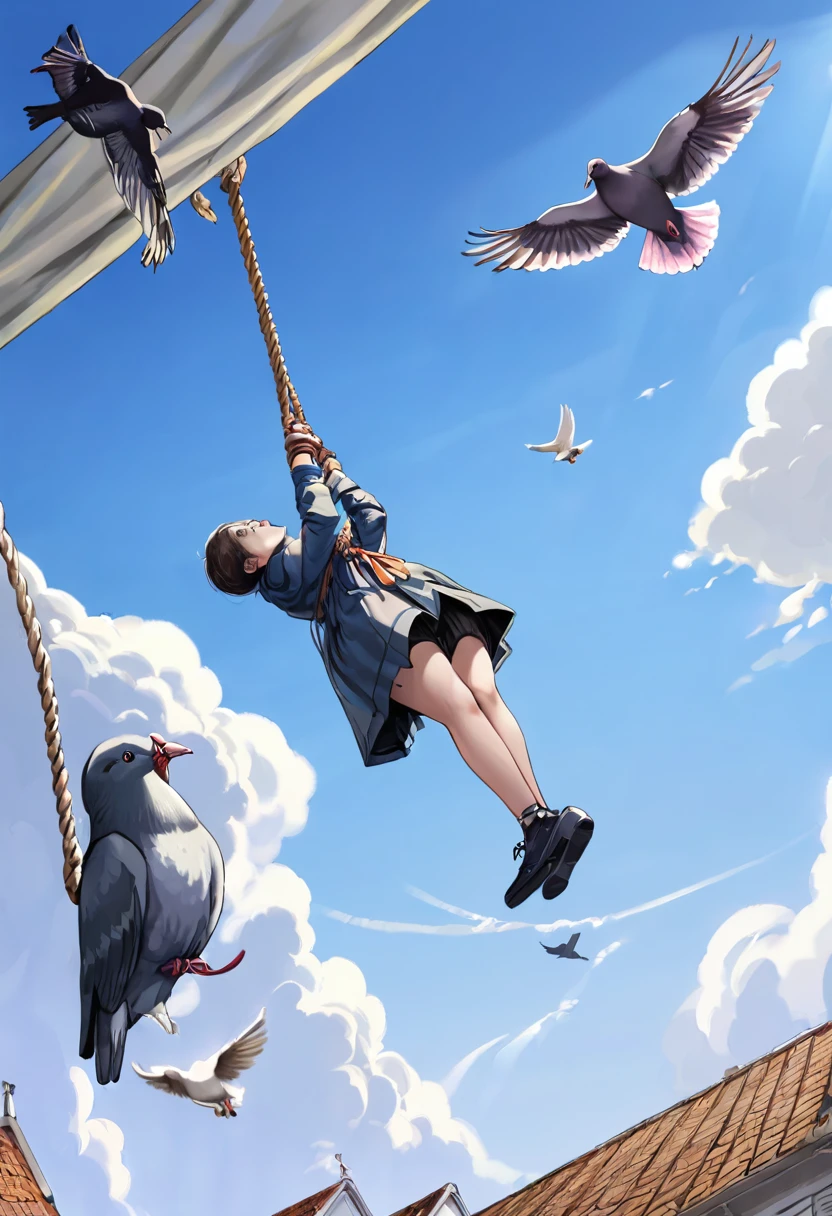 a hyperrealistic drawing of a person tied to rope hanging straight down from a flying pigeon, a person hanging off that rope, also straight down