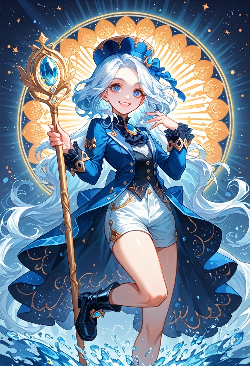 Create an image of a character with long, wavy white hair, partially styled, and adorned with a small blue hat featuring golden details and a plume. She has a friendly, oval face with large blue eyes that express joy and playfulness, complemented by clear, smooth skin. Dressed in a blue jacket with golden accents and a bow at the chest, embellished with sparkling gems, she wears white shorts with decorative suspenders and jewelry details. Black ankle boots with lace accents complete her outfit. In a dynamic pose, one hand raised and holding an elegant, jewel-adorned magic staff, she beams a wide, cheerful smile. The vibrant color palette features whites, blues, and golds, set against a light, ethereal background that enhances the magical atmosphere.