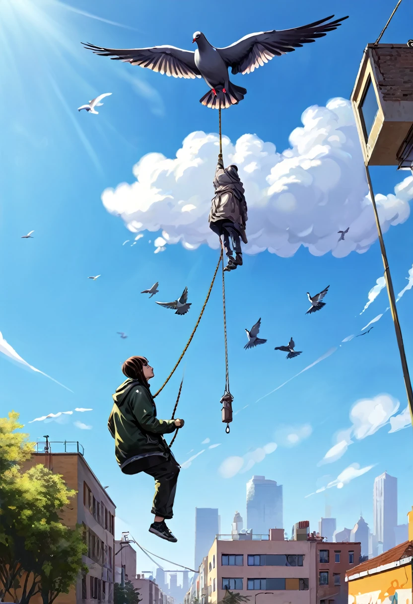 a hyperrealistic graffiti of a person tied to rope hanging straight down from a flying pigeon, a person hanging off that rope, also straight down