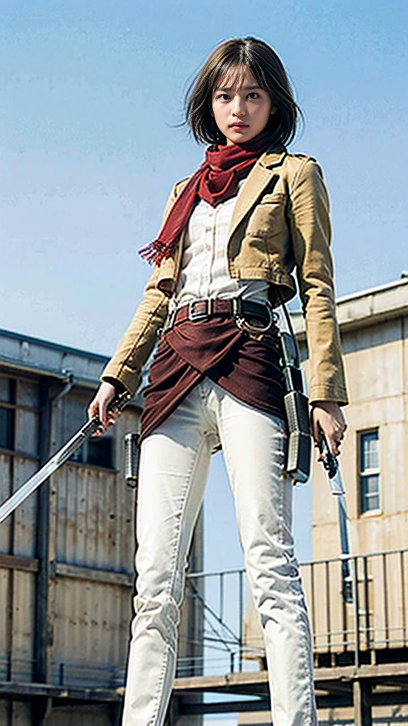 masterpiece, best quality, highres, hmmikasa, short hair, black eyes, scarf, emblem, belt, thigh strap, red scarf, white pants, brown jacket, long sleeves, holding weapon, sword, dual wielding, three-dimensional maneuver gear, fighting stance, sky,