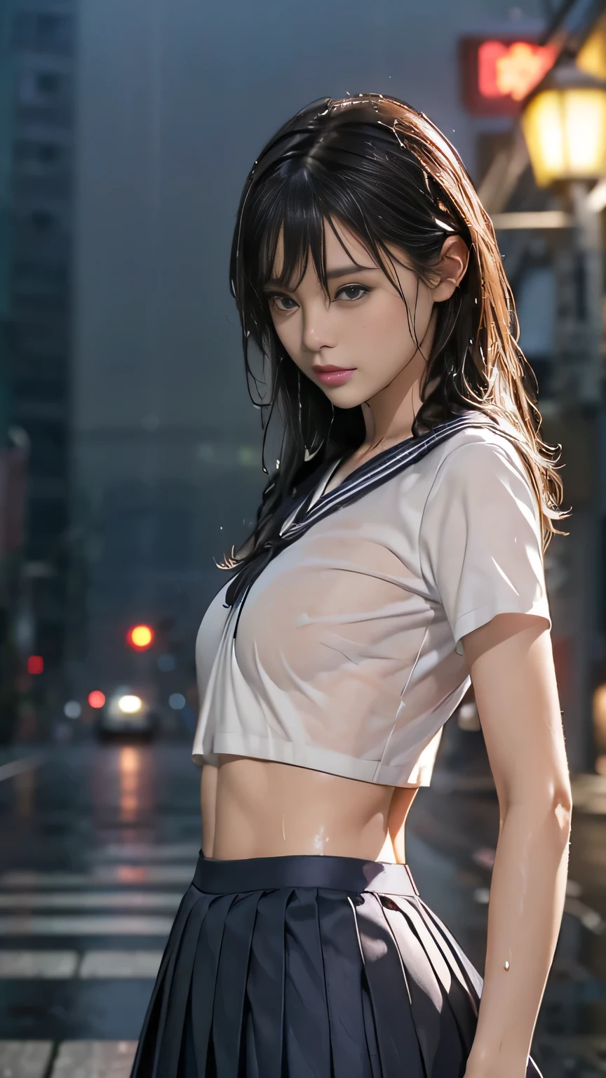 Front view:1.6, See the viewer:1.21, ((masterpiece, Highest quality, Best Wallpaper:1.21)), ((get wet:1.5)), (Raise your arms, Please show me your armpits:1.3), (Beautiful breasts, Flat Chest), legs apart, Anorexic skinny Japanese woman, 1 Japanese girl, Anatomically correct proportions, ((Small Head:1.5)), Brown Hair, Straight Hair, Let your bangs hang long, Anorexic skinny body:1.5, ((skinny body, Waistline:1.37)), Glowing Skin, (Soaked in the rain, Sailor uniforms from famous Tokyo Metropolitan High Schools, Short sleeve clothing, Short-sleeved sailor uniform:1.21, sera fuku:1.21, The upper body is wearing a uniform:1.21, Navy Pleated Skirt, Black Bra), Underwear is visible, heavy rain, rain, On the city streets, Cyberpunk City, Movie Lighting, 