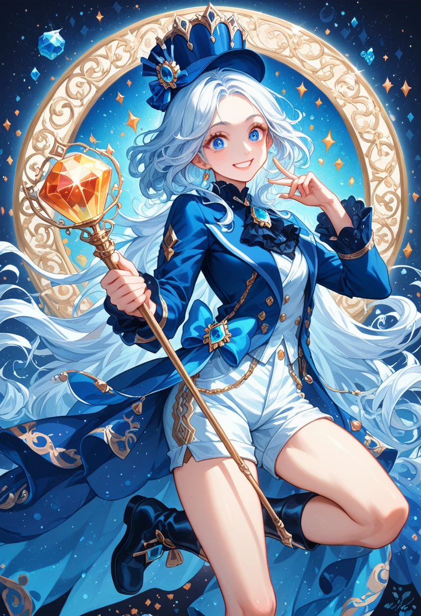 Create an image of a character with long, wavy white hair, partially styled, and adorned with a small blue hat featuring golden details and a plume. She has a friendly, oval face with large blue eyes that express joy and playfulness, complemented by clear, smooth skin. Dressed in a blue jacket with golden accents and a bow at the chest, embellished with sparkling gems, she wears white shorts with decorative suspenders and jewelry details. Black ankle boots with lace accents complete her outfit. In a dynamic pose, one hand raised and holding an elegant, jewel-adorned magic staff, she beams a wide, cheerful smile. The vibrant color palette features whites, blues, and golds, set against a light, ethereal background that enhances the magical atmosphere.