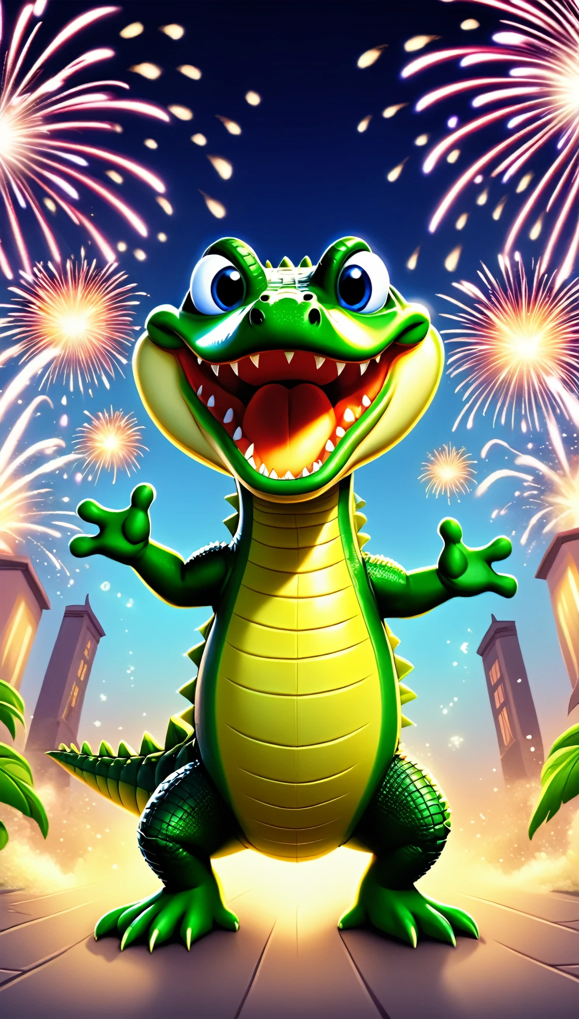 cute baby aligator, cartoon , arms, hands ,cute eyes, looking at viewer, arms up, clothes, flawless, fireworks background, effects