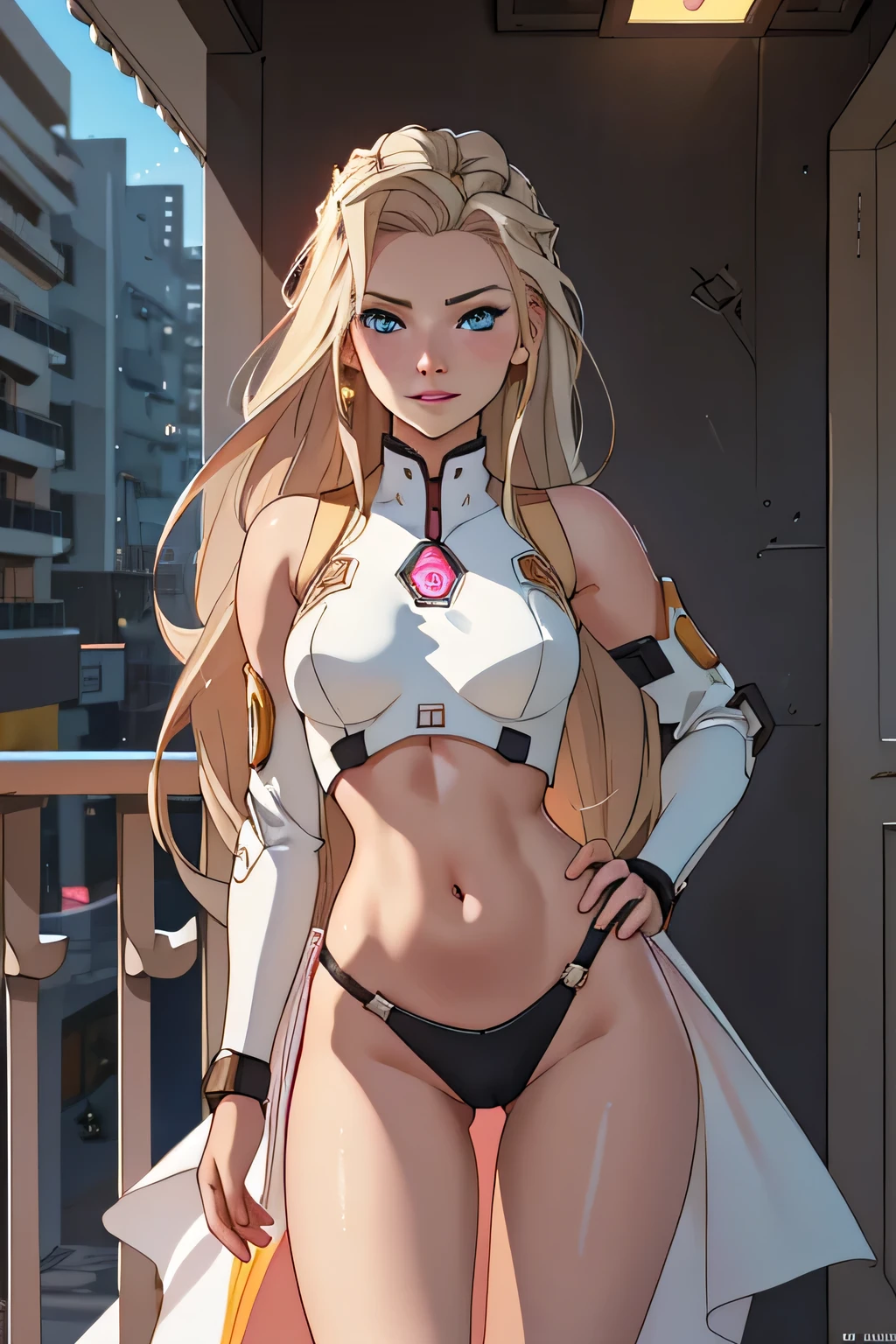 (very detailed face, full hd, 4K, photorealistic), A 15 year old girl, shy, classic, slender and thin figure, very tall, very broad shoulders, medium lungs, thin waist, thin hips, flat stomach, white skin, yellow hair, very short and curly hair, flat and broad face, large, very light blue eyes, huge lips, very thick eyebrows. 	she is wearing a white bikini. 	standing, front, in a indoor photo studio, sexy pose, full body. 	the image is from the front, we see the entire body. 