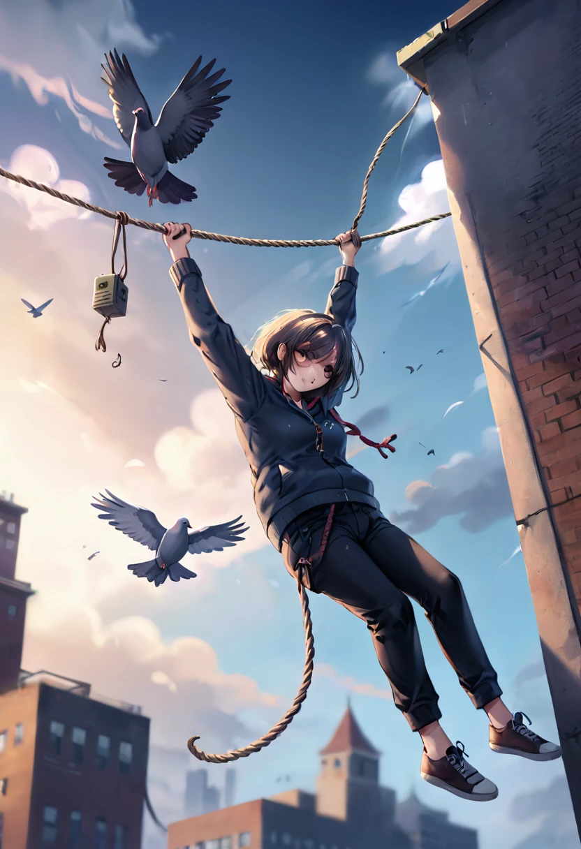 a hyperrealistic graffiti of a person tied to rope hanging straight down from a flying pigeon, a person hanging off that rope, also straight down, ultra-detailed, (best quality,4k,8k,highres,masterpiece:1.2),ultra-detailed,(realistic,photorealistic,photo-realistic:1.37),hyperrealistic,graffiti,rope,pigeon,hanging,people,surreal,abstract,conceptual,dark,moody,dramatic lighting, 