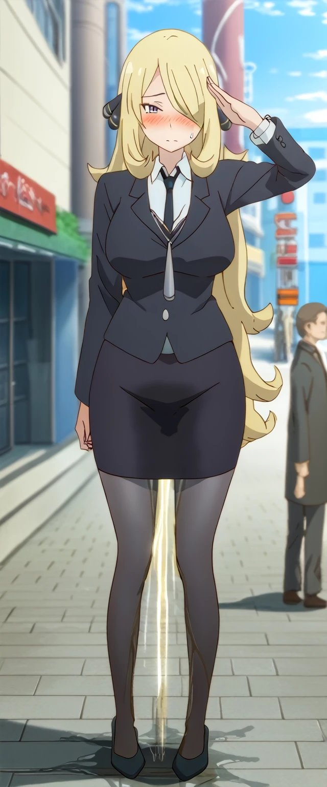 (high quality,Very detailed:1.37, High resolution), 2d, anime, anime style, anime source, Woman, Cynthia \(Pokemon\), business suit, necktie, long skirt, (pencil skirt:1.5), pantyhose, huge breasts, cleavage, looking at viewer, masterpiece, best quality, (wetting self:1.5), desperation, embarrassed, humiliation, (blushing:2.0), standing, (salute:1.5), city