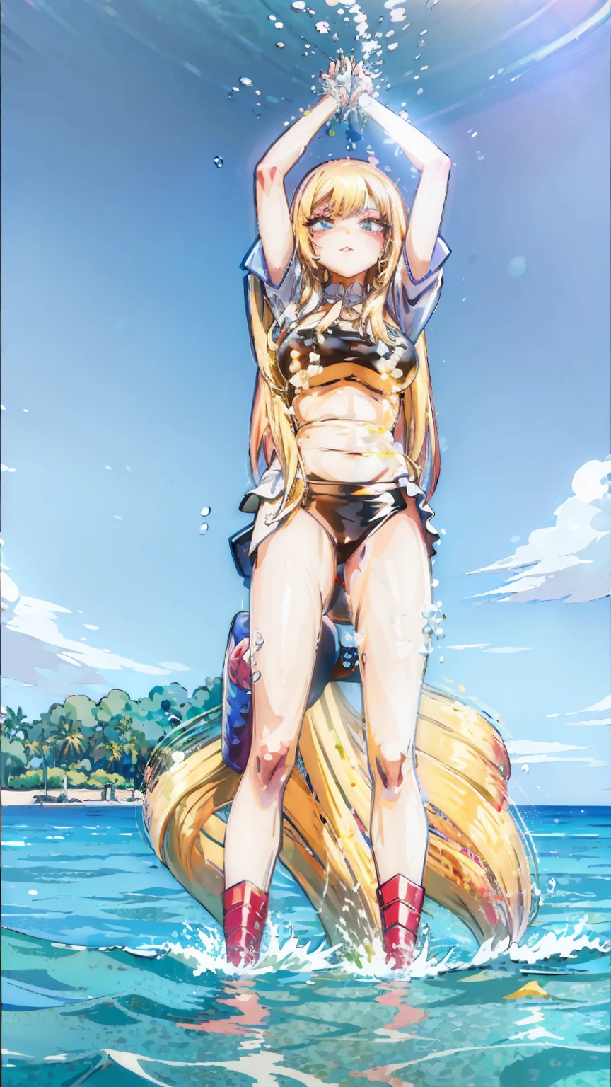 ultra high quality,masterpiece,(((uniform,hands_on_head))), marin_kitagawa/(my_dresse_up_darling),(((swimming in the water around the beach))),BREAK,(((blonde_long_hair,matur_adult)))