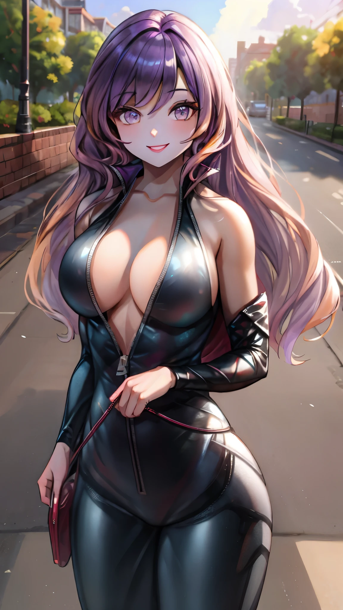 （（super high quality,））（（Ultra-high resolution,））（16K,）（super masterpiece,）（（Ultra HD ,））（Detailed shading,）One Mature Woman,Golden purple hair from the tips to the shoulders,smile,Park in the morning sun,