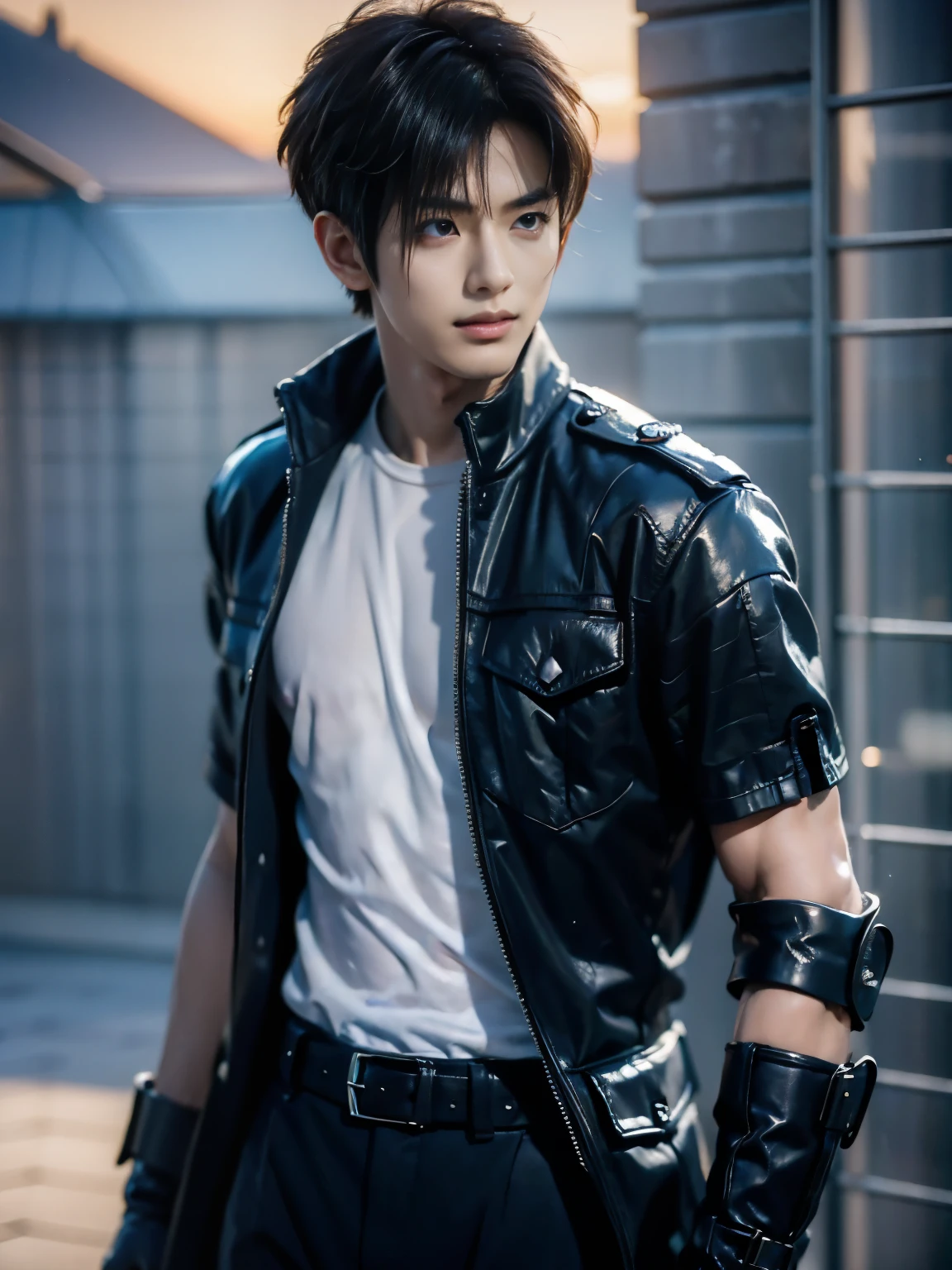 (masterpiece, realistic, absurdres:1.2), (photorealistic:1.5), RAW photo, high resolution, best quality, 8K,1boy, Noctis, ulzzang boy, chinese boy, very handsome, perfect face, intricate detail, Extremely detailed, professional photography, Bright colors, Clear focus, perfect hair, young man, (black see through shirt:1.2), muscular, slim muscular, (perfect hands, 5 fingers) , clear and beautiful detailed eyes, perfext eyes, Playful expression, abs, soft skin, detailed skin, detailed highlights and shadows, Excellent body proportions, Correct anatomy, looking at camera, male focus, black jacket, fingerless gloves, belt, black pants, boots, gentlesunlight, Cinematic Lighting, Warm colors, full-body shot, ornate futuristic castle background,