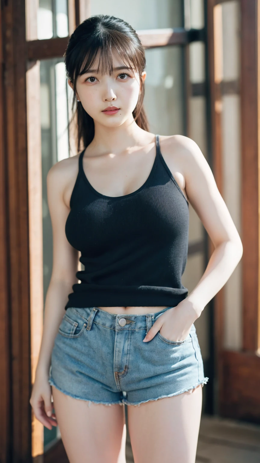 ((1girl)), woman, masterpiece, best quality, highest quality, cinematic lighting, (volumetric lighting), extremely detailed CG unity 8k wallpaper, focused, 8k wallpaper, extremely detailed, ultra realistic, photorealistic, sharp focus, absurdres, (HDR:1.2), (high contrast), photograph, detailed and intricate, instagram, portrait, highly detailed, digital painting, artstation, concept art, smooth, sharp focus, illustration, cinematic lighting, (big breast:1.3), (((skinny, slim legs))), (japanese idol posture), (knit strap tanktop, short pants, cleavage), looking at the viewer, (I don't see arms)), ((Standing)), ((Medium body shot, hip level shot)), long hair.