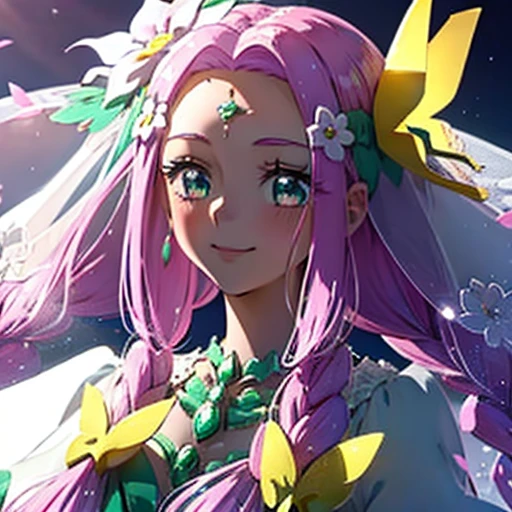 Perfect Face, 1 Girl, Middle school students, Pretty Cure, White skin, Pink Hair, Distinctive long braided twin tails, behind, white flower, Yellow butterfly hair accessory, White Veil, green eyes with pink flower, White Long Wedding Dress, a big magenta flower, original design, Cure Felice, Emerald Style, flower, beautiful, Princess, Royal, cute, smile, kind, Soft, pastel, looking at the camera, Front facing, Front Light, noon