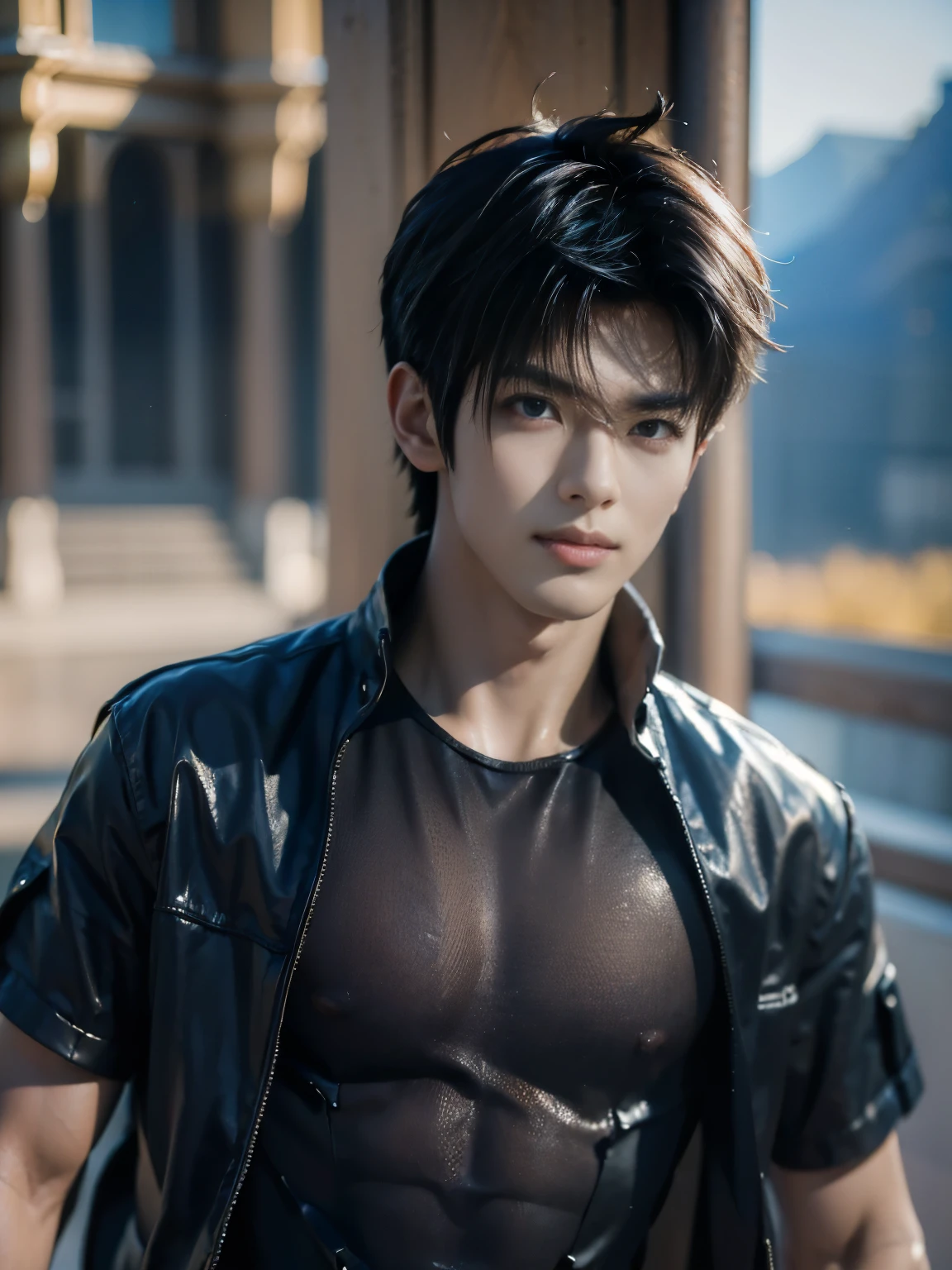 (masterpiece, realistic, absurdres:1.2), (photorealistic:1.5), RAW photo, high resolution, best quality, 8K,1boy, Noctis, ulzzang boy, chinese boy, very handsome, perfect face, intricate detail, Extremely detailed, professional photography, Bright colors, Clear focus, perfect hair, young man, (black see through shirt:1.2), muscular, slim muscular, (perfect hands, 5 fingers) , clear and beautiful detailed eyes, perfext eyes, Playful expression, abs, soft skin, detailed skin, detailed highlights and shadows, Excellent body proportions, Correct anatomy, looking at camera, male focus, black jacket, fingerless gloves, belt, black pants, boots, gentlesunlight, Cinematic Lighting, Warm colors, full-body shot, ornate futuristic castle background,