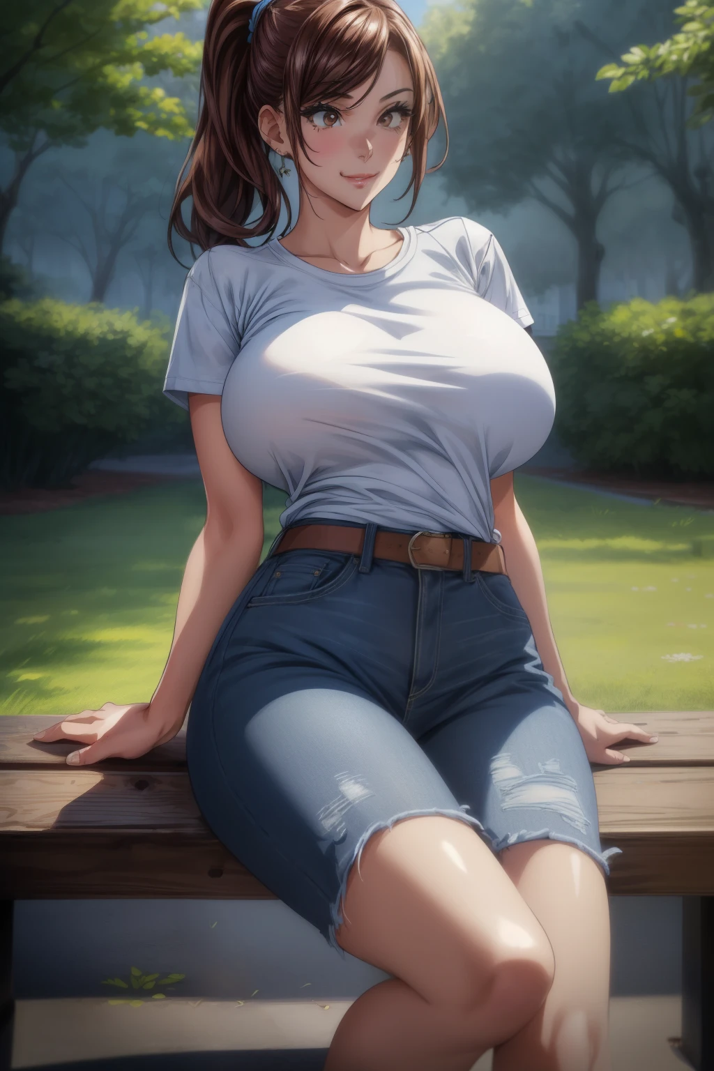 masterpiece, best quality, highest quality, perfect anatomy, highres, ultra-detailed, 8k wallpaper, texture, add_detail:-1, unique, HDR, extremely detailed CG, Azuma Hisato, 1 girl, Solo, full body, ponytail hair, brown_hair, Bangs, brown_eyes, 20yo, mature female, looking at viewer, smile, lewd face, (Beautiful,large_Breasts:1.4), (beautiful_face:1.5),(narrow_waist), wear white tshirt, see through, blue jeans sweating, sitting on the bench, in the park, crowded, afternoon time