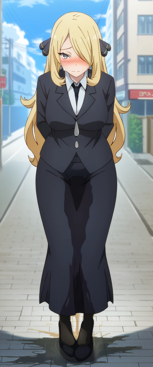 (high quality,Very detailed:1.37, High resolution), 2d, anime, anime style, anime source, Woman, Cynthia \(Pokemon\), business suit, necktie, (long skirt:1.25), (pencil skirt:1.5), pantyhose, huge breasts, cleavage, looking at viewer, masterpiece, best quality, (wetting self:1.5), desperation, embarrassed, humiliation, (blushing:2.0), tears, standing, (hands behind back:1.5), city