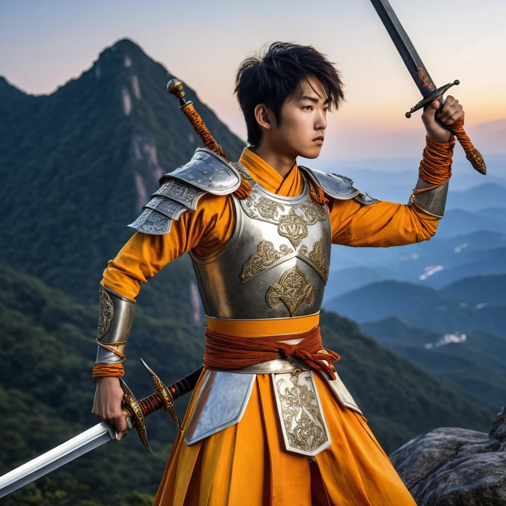 featuring hyper-realistis Asian youth with cool hair. The young man is seen from a close angle, focusing on the torso and arms. The youth's arms were raised, holding the sword with both hands. The sword has intricate designs on the hilt and radiates energy or electricity along the blade, indicating that it may have special powers or abilities. This character's clothing is yellow and orange, resembling a bone-covered outfit made of silver. There are pieces of armor on the wrists and shoulders, as well as bandages around the forearms. The center of the sword says "Days-Art". The background is on a mountain at night, a lunar eclipse covers the night