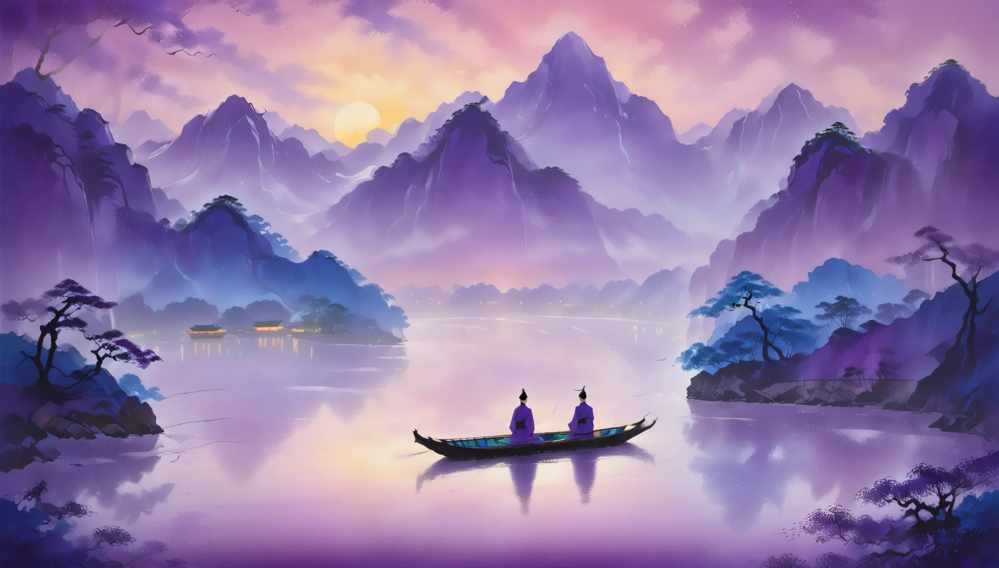 Impression Color,Peaceful lake view, Silhouette of a mountain, Pointillism texture, Blue-purple gradient sky, Textured surface, Lone Star Ship, A calm mood, Ethereal Light, Asian influence, Calm Water, Foggy atmosphere,