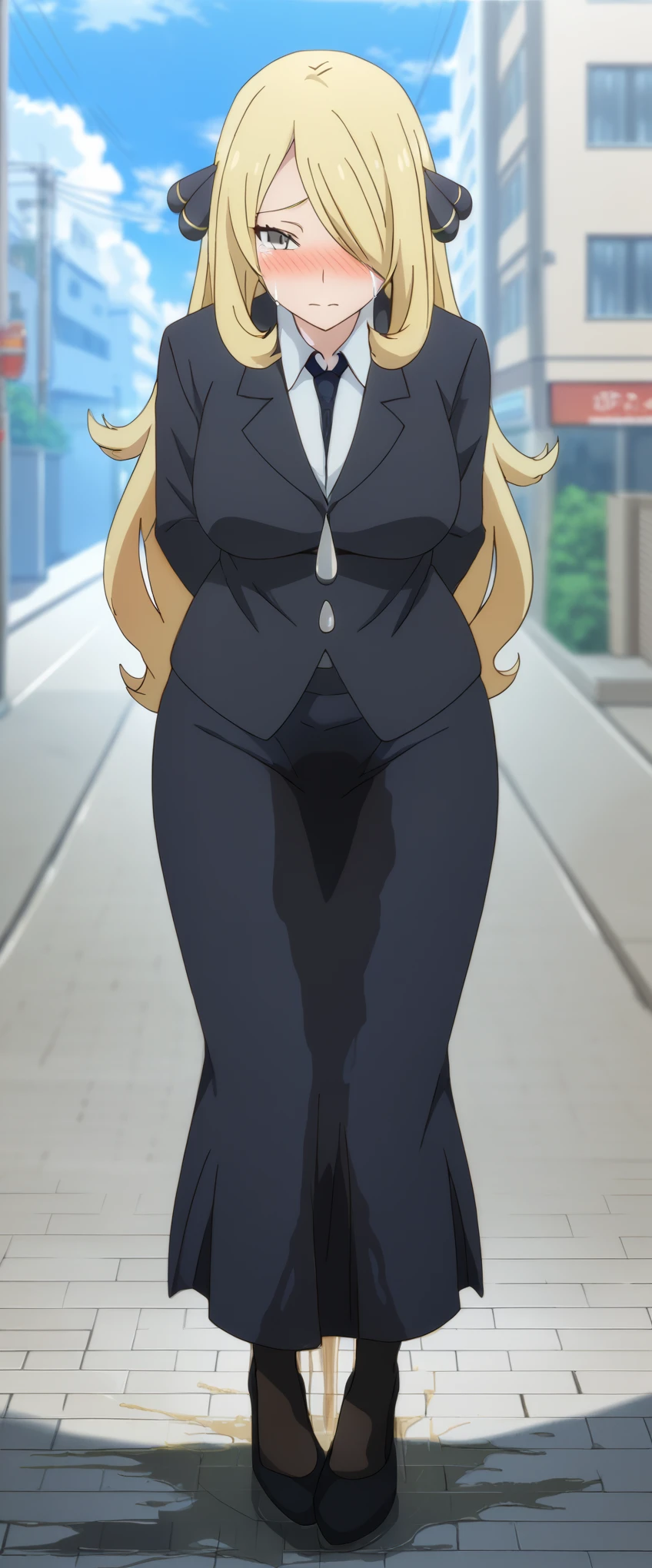 (high quality,Very detailed:1.37, High resolution), 2d, anime, anime style, anime source, Woman, Cynthia \(Pokemon\), business suit, necktie, (long skirt:1.25), (pencil skirt:1.5), pantyhose, huge breasts, cleavage, looking at viewer, masterpiece, best quality, (wetting self:1.5), desperation, embarrassed, humiliation, (blushing:2.0), tears, standing, (hands behind back:1.5), city