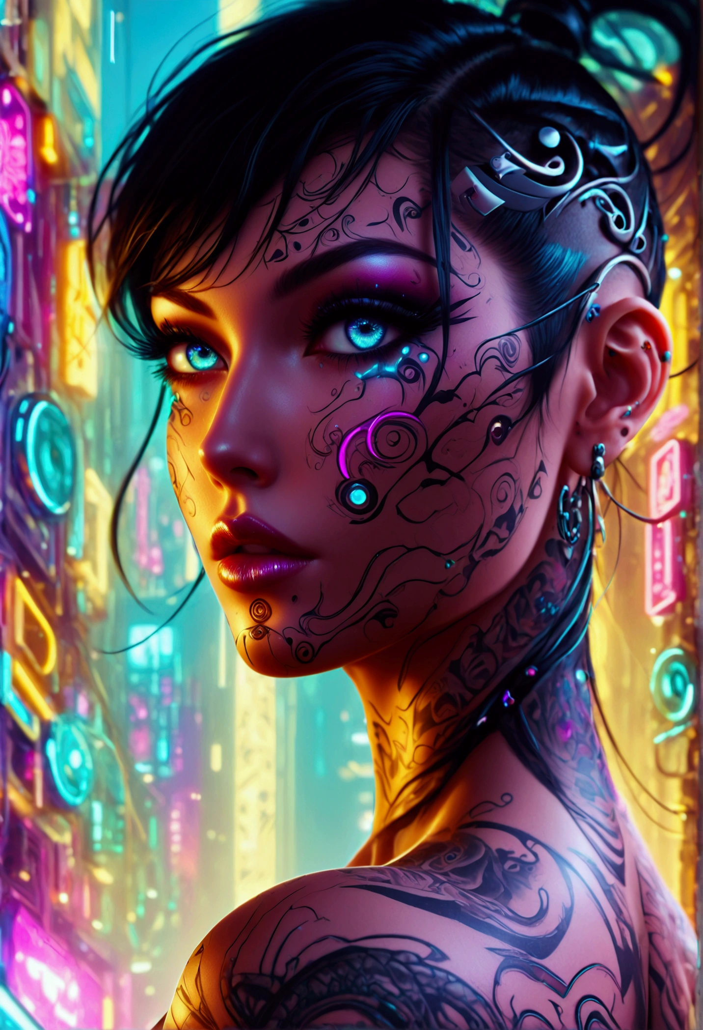 beautiful digital artwork, beautiful digital art, detailed beautiful face, 8k high quality oled detailed art, very beautiful digital art, digital art. highly detailed, beautiful detailed body, Create a hyper detailed photograph of a perfectly simetrical tattooed curved drop dead gorgeous cyberpunk 2077, Stunningly perfect gorgeous feminine face, bold, dramatic eyes, bold Eye Makeup, dramatic eyes, smudging layering and blending to dramatic, detailed vibrant neon glowing eyes, long hair, Focus on Skin A smooth even base is essential Makeup primers foundations and concealers Highlighting and Contouring to achieve a flawless canvas natural-looking, radiant glow, Gentle facial curves, Fuller cheek bones, Smaller and wider-set eyes, Less pronounced jawline, Symmetry perfection Proportion facial features, sexual curved heart shaped mouth, long beautiful tattooed legs, beautiful tattooed arms, perfect feminine curved body figure, detailed silky smooth skin, gigantic huge breasts, perfect heart shaped ass, beautiful long tattooed legs, Wearing cybernetics cyberpunk 2077 lingerie Jewels, fullbody view, showing complete body,