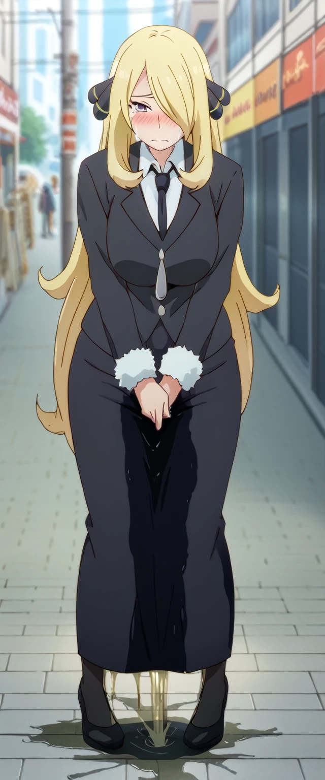 (high quality,Very detailed:1.37, High resolution), 2d, anime, anime style, anime source, Woman, Cynthia \(Pokemon\), business suit, necktie, (long skirt:1.25), (pencil skirt:1.5), pantyhose, huge breasts, cleavage, looking at viewer, masterpiece, best quality, (wetting self:1.5), desperation, embarrassed, humiliation, blushing, tears, standing, hand in pants, city